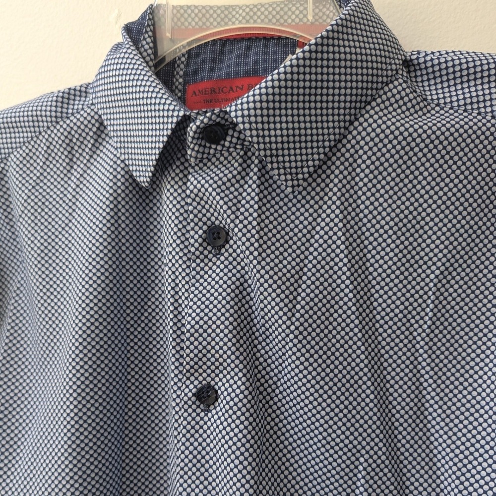 American Breed Button Up Smart Shirt Navy Blue Geometric Print Performance Sz M